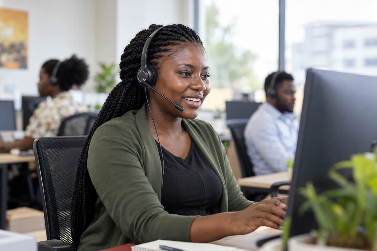 Illustration of a Ghanaian salesperson wearing a headset while speaking with a customer